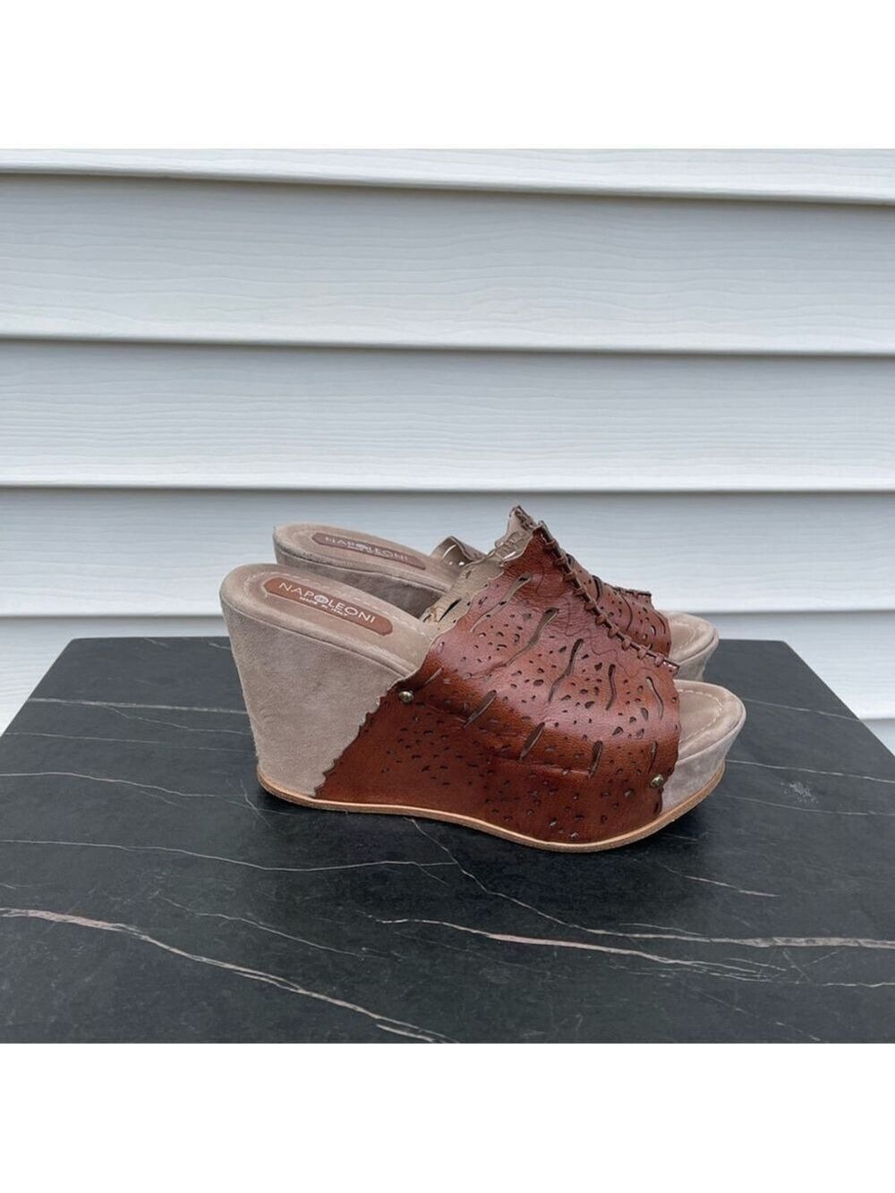 NAPOLEONI women platform wedge sandals mules brown leather Sz 38 - Picture 4 of 16